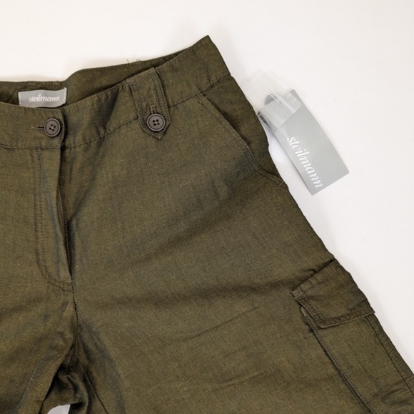 Linen Steilmann Olive Dress Shorts Bermuda Long Thigh Length Pockets Cargo - Picture 4 of 8